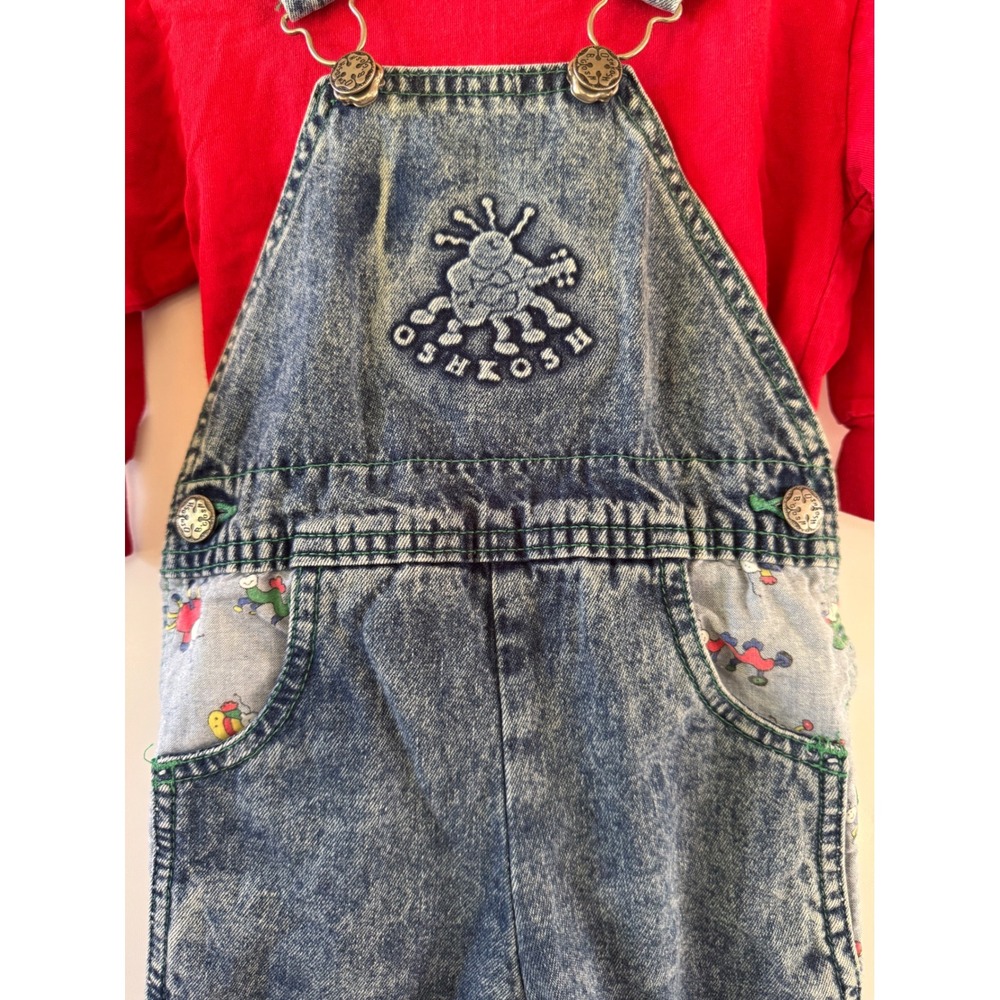 Vintage OshKosh Baby Overalls Bug Acid Wash 18 Month Red Shirt Set Made in USA - Picture 2 of 7